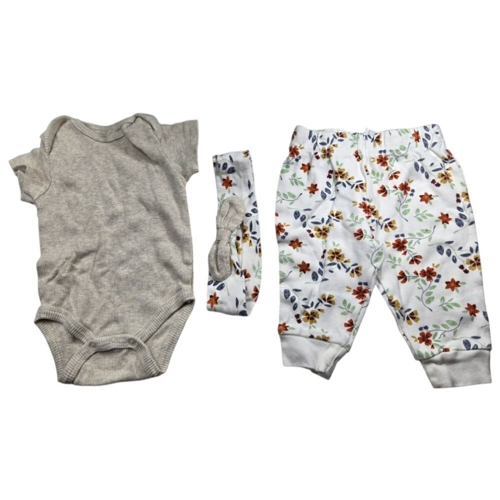 Baby Girl 0-3M Outfit Matching 3pc Set Tan Onesie Floral Pants Headband Summer